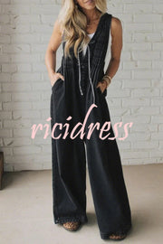 Fashionable and Casual Sleeveless V-neck Lace-up Loose Pocket Jumpsuit
