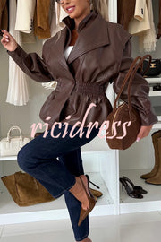 Play It Cool Faux Leather Single Button Elastic Waist Lapel Moto Jacket