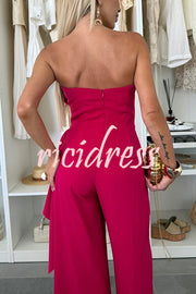 Elegant Solid Color Asymmetric Ruffles Bandeau Top and High Waist Wide Leg Pants Set