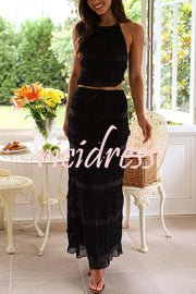 Feel Chic and Romantic Sequin Textured Material Back Elastic Halter Tie Tank and Drawstring Waist Tiered Maxi Skirt Set