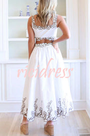 Perfect Vacation Embroidered Trim Crop Tank and Elastic Waist A-line Maxi Skirt Set
