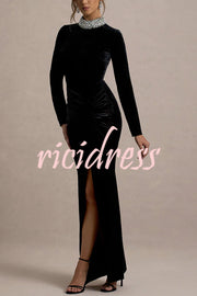 Love Lost Velvet Embellished High Neck Long Sleeve Twist Slit Maxi Dress