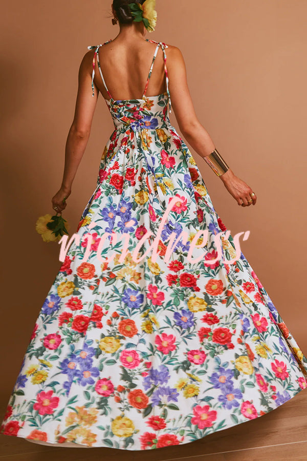 Garden Wedding Floral Print Back Tie-up Pocketed Slit Maxi Dress