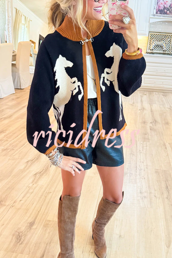 Stylish White Horse Pattern Casual Long-sleeved Knitted Cardigan