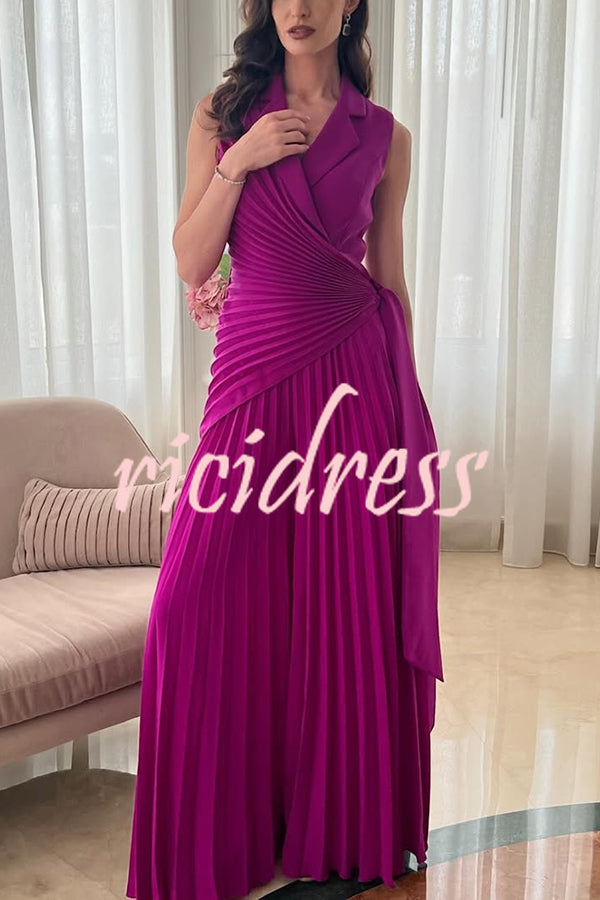 Solid Color Lapel Sleeveless Waist Tie Pleated Wide-leg Jumpsuit