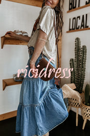 Bohemian High Rise Button Up Loose Denim Pocket Maxi Skirt