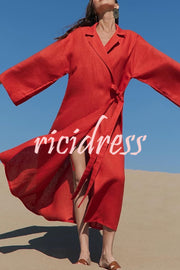 Linen Blend Solid Color Casual Lapel Tie Loose Maxi Dress