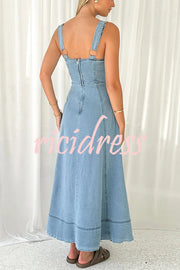 Solid Color Suspender Pocket Button Slim Denim Midi Dress