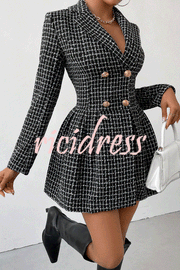 Plaid Print Lapel Long Sleeve Office Mini Dress