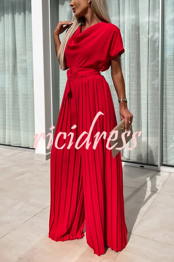 Ivy Cowl Neck Short Sleeve Belt Pleated Loose Wide Leg Jumpsuit