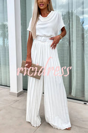 Ivy Cowl Neck Short Sleeve Belt Pleated Loose Wide Leg Jumpsuit