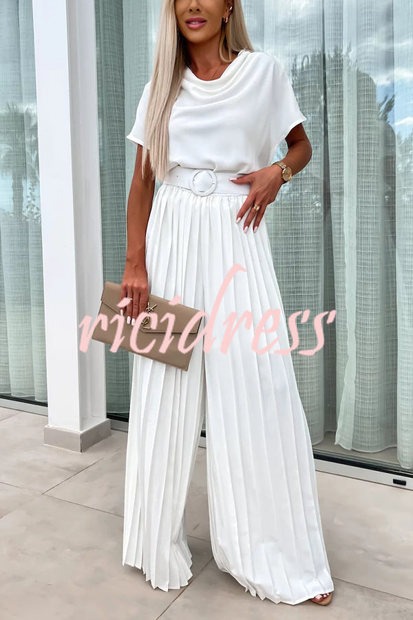 Ivy Cowl Neck Short Sleeve Belt Pleated Loose Wide Leg Jumpsuit