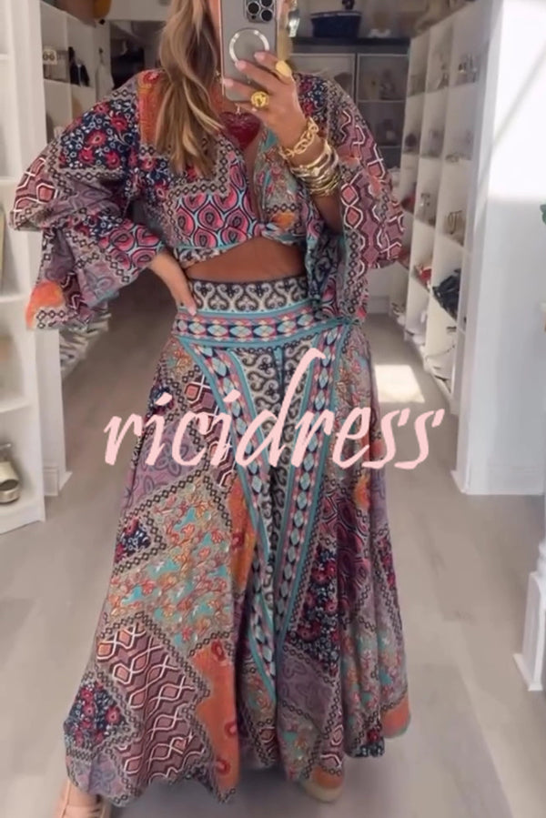 Unique Boho Ethnic Print Balloon Sleeve Crop Top and Elastic Waist Wide-leg Pants Set