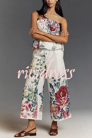 In To The Summer Linen Blend Floral Print Elastic Bandeau and Elastic Waist Pocket Loose Pants Set