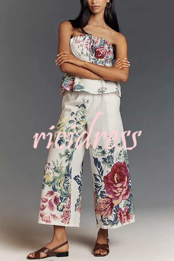 In To The Summer Linen Blend Floral Print Elastic Bandeau and Elastic Waist Pocket Loose Pants Set