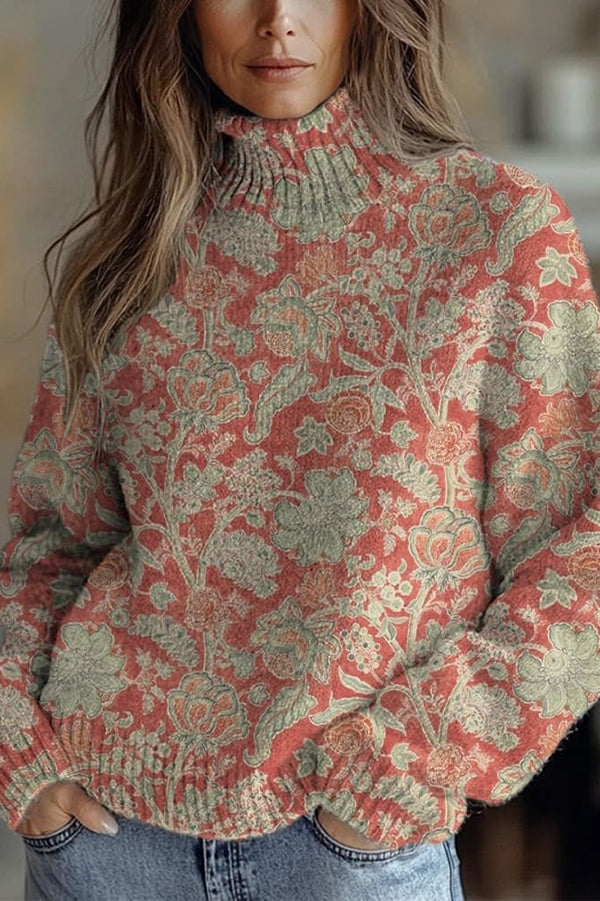 Floral Pattern High-Neck Long-Sleeved Loose Sweatshirt