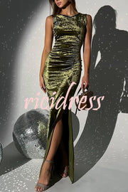 Solid Color Velvet Round Neck Sleeveless Slim Slit Maxi Dress
