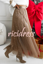 Party Daydream Sequin Tulle High Rise Elastic Waist Maxi Skirt