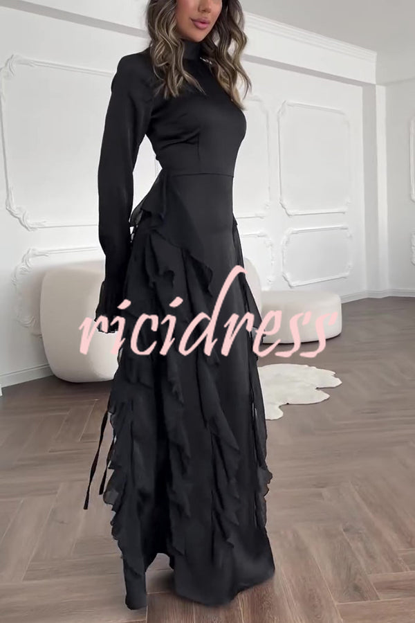 Cline Solid Color High Neck Long Sleeve Elegant Ruffles Maxi Dress