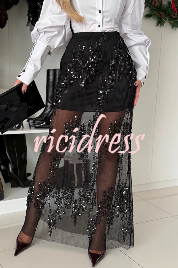 Darling Details Sequin Embroidered Tulle High Rise Elastic Waist Maxi Skirt