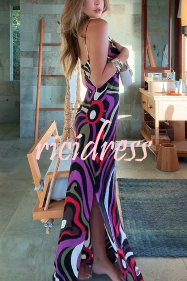 Love in Venice Unique Print V-neck Slit Slip Maxi Dress