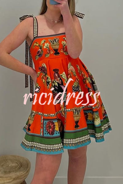 Linen Blend Unique Print Suspender Tie Casual Mini Dress