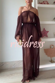 Marsie Semi-sheer Fabric Cutout Off Sholder Elastic Waist Slit Maxi Dress