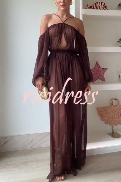Marsie Semi-sheer Fabric Cutout Off Sholder Elastic Waist Slit Maxi Dress