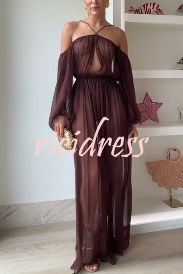 Marsie Semi-sheer Fabric Cutout Off Sholder Elastic Waist Slit Maxi Dress