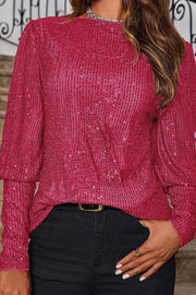 Solid Color Sequined Round Neck Long Sleeve Loose Top