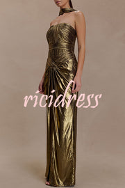 Clemence Plisse Metallic Fabric Reverse Halter Beck Strap Drape Slit Maxi Dress
