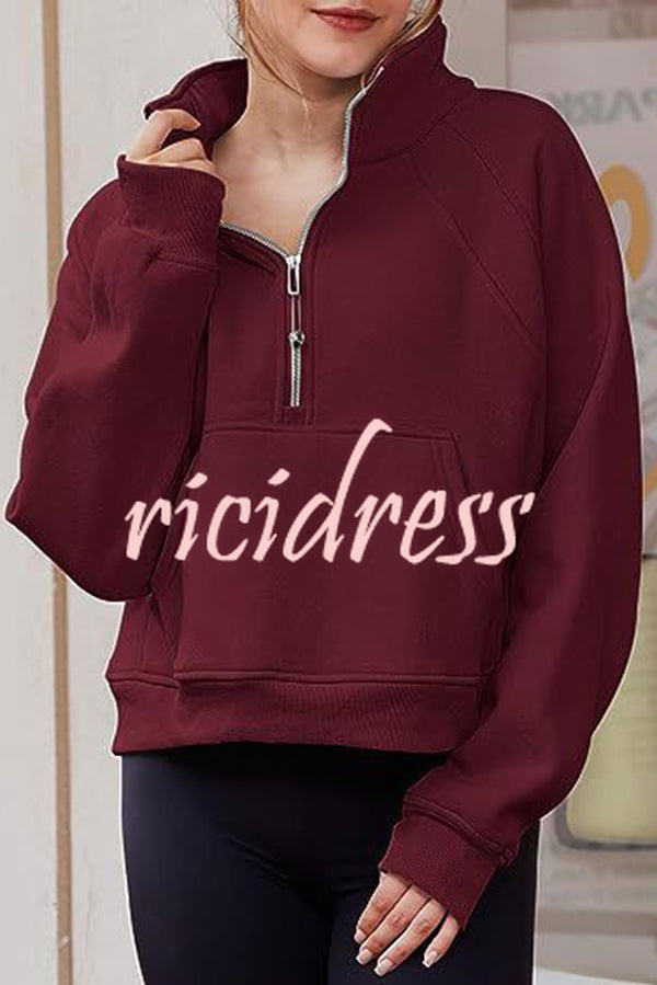 Stylish Patchwork Stand Collar Zippered Loose Pocket Sweatshirt