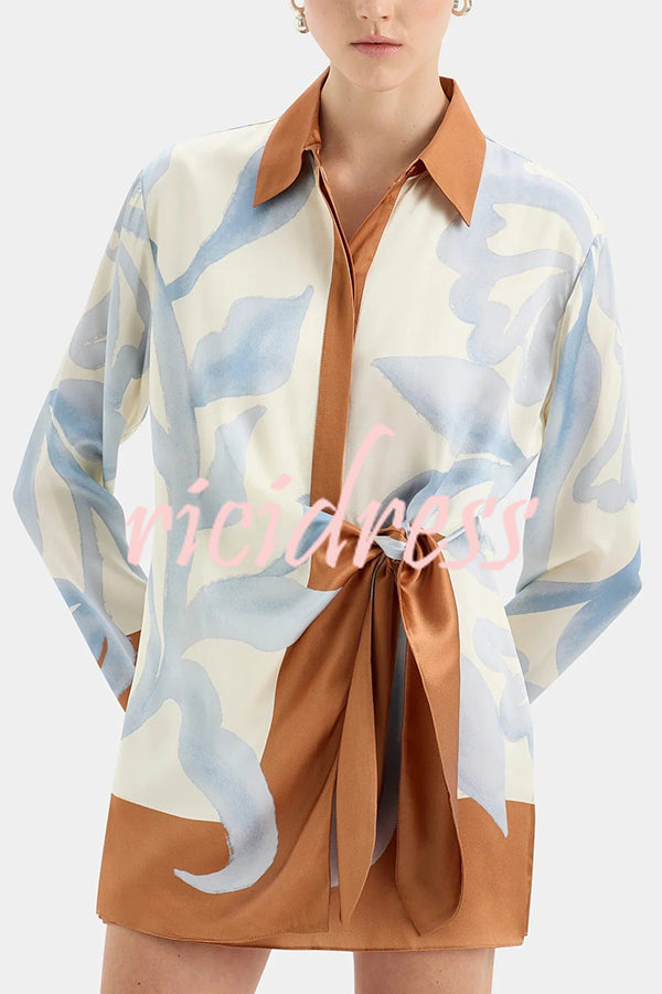 Lake Days Satin Colorblock Unique Print Tie-up Shirt Mini Dress