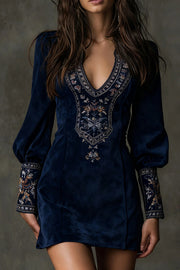 Fashionable Suede Embroidered V-neck Long-sleeved Slim-fit Mini Dress