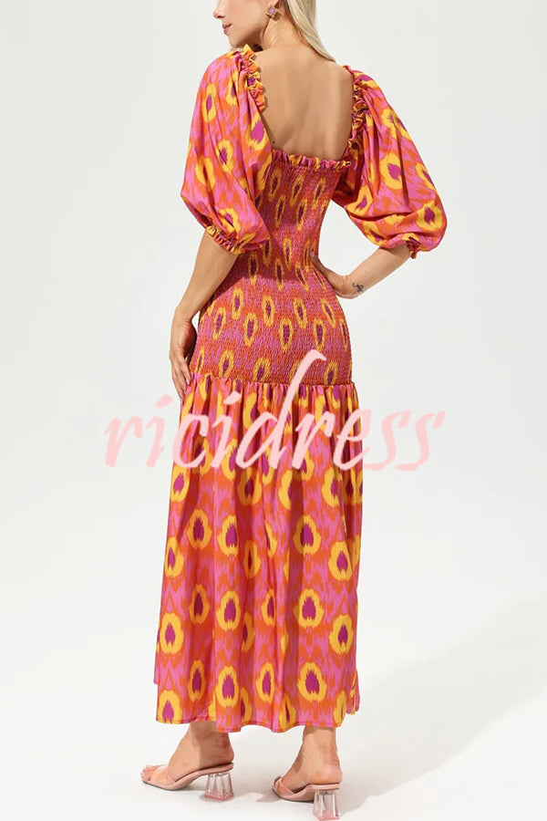 Venita Unique Printed Off Shoulder Balloon Sleeve Smocked Midi Dress