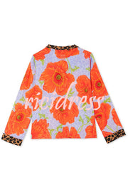 Color-block Poppy Leopard Print Trim Loose Shirt and Elastic Waist Pocketed Pajama Set