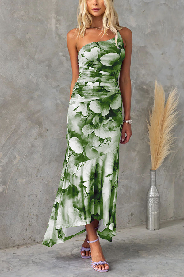 Deja Mesh Overlay Floral Print One Shoulder Ruched Stretch Maxi Dress