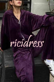 Velvet Casual Zip-up Hooded Top and Elastic Waist Wide Leg Pants Set