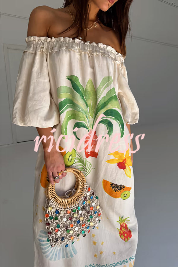 Sunveil Linen Blend Unique Print Puff Sleeve Pocket Strapless Maxi Dress