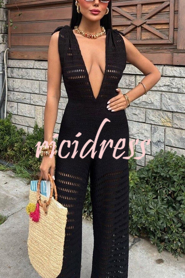 Solid Color Knitted V-neck Holiday Hollow Casual Jumpsuit