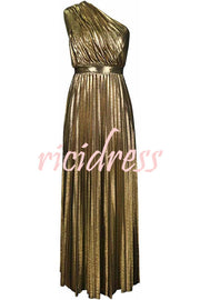 Be My Guest Metallic Fabric Pleated One Shoulder Maxi Dress