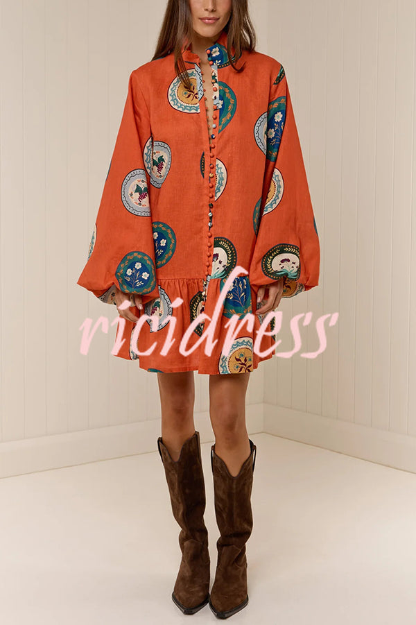 Linen Blend Unique Print Tie Waist Loose Mini Dress