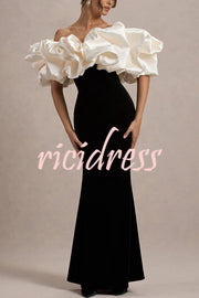 Cecily Velvet Off Shoulder Satin Structured Bardot Neck Stretch Maxi Dress