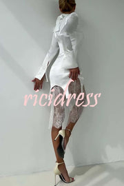 Melissa Satin High Neck Long Sleeve Curved Hem Top and Lace Midi Skirt Set