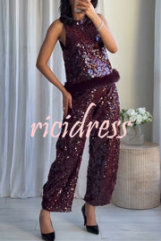 Gala Goddess Sequin Faux Fur Trim Crew Neck Sleeveless Loose Top