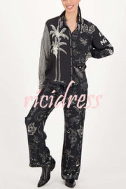 Black Magic Satin Unique Print Long Sleeve Blouse and Elastic Waist Pocket Wide Leg Pants Set
