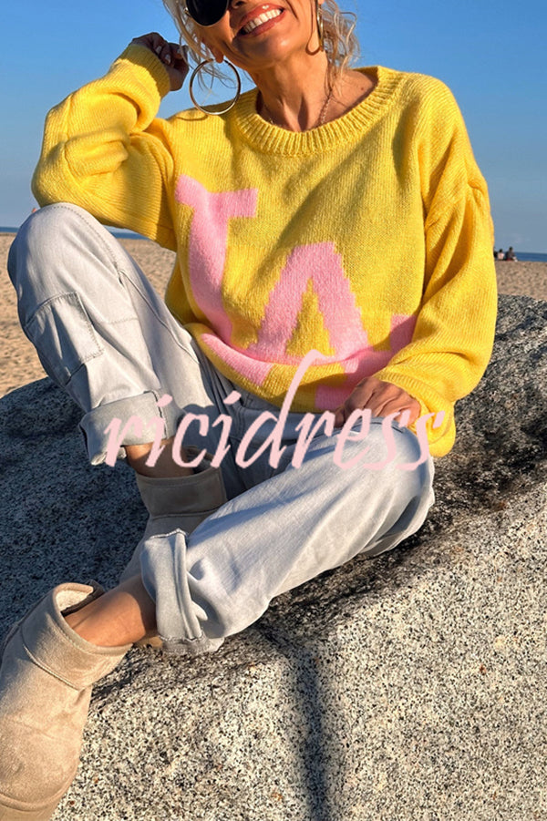 Letter Pattern Crew Neck Long Sleeve Loose Knit Sweater