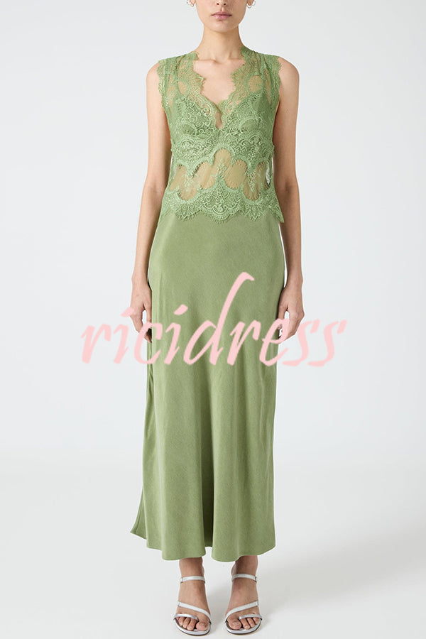 Wonderful Fusion Satin Lace Trim See-through Waist V-neck Drape Maxi Dress