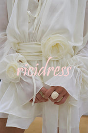 Solid Color Long Sleeve V-Neck Lace-Up Elegant Flower Decorated Mini Dress