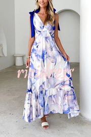 Unique Printed V-neck Sleeveless Lace-up Waist Maxi Dress